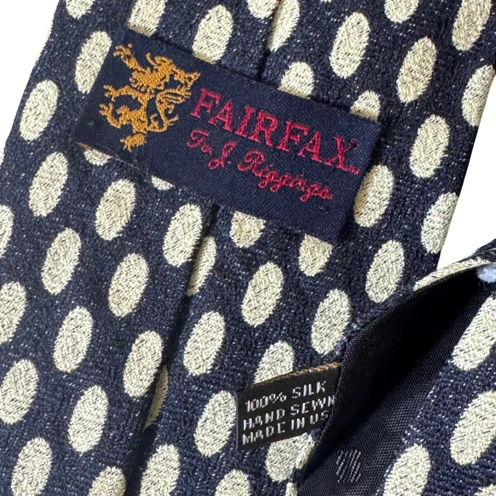 Fairfax J Riggins Silk Tie Navy Blue Cream Polka Dot Woven Hand Sewn USA Men Tie